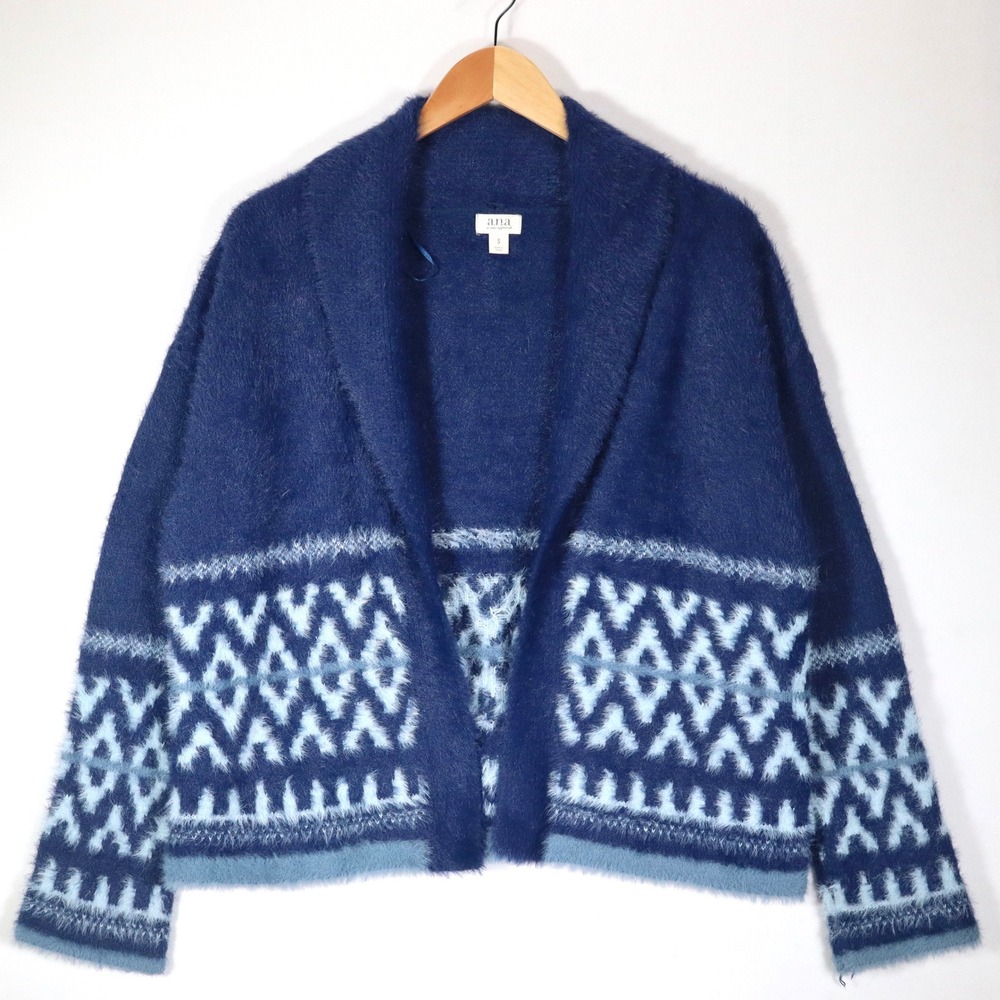 a.n.a Cardigan Women Small Blue Fair Isle Eyelash Fuzzy Open Front Sweater